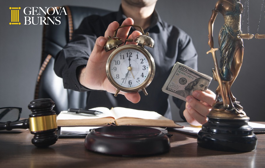 male judge holding clock and money at desk with lady justice statue 